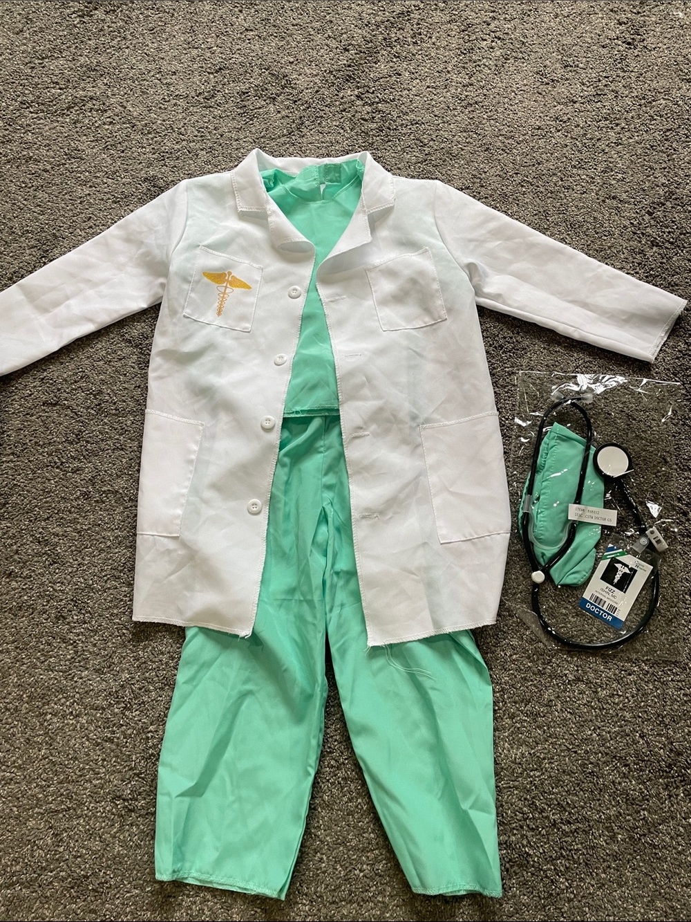 Kids White Doctor Costume with Green Scrubs - Small (4-6)